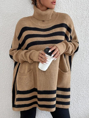 Tan geometric stripe knit poncho sweater with pockets and turtleneck