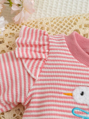 Pink and white striped baby set with ruffle sleeves and embroidered duck detail.