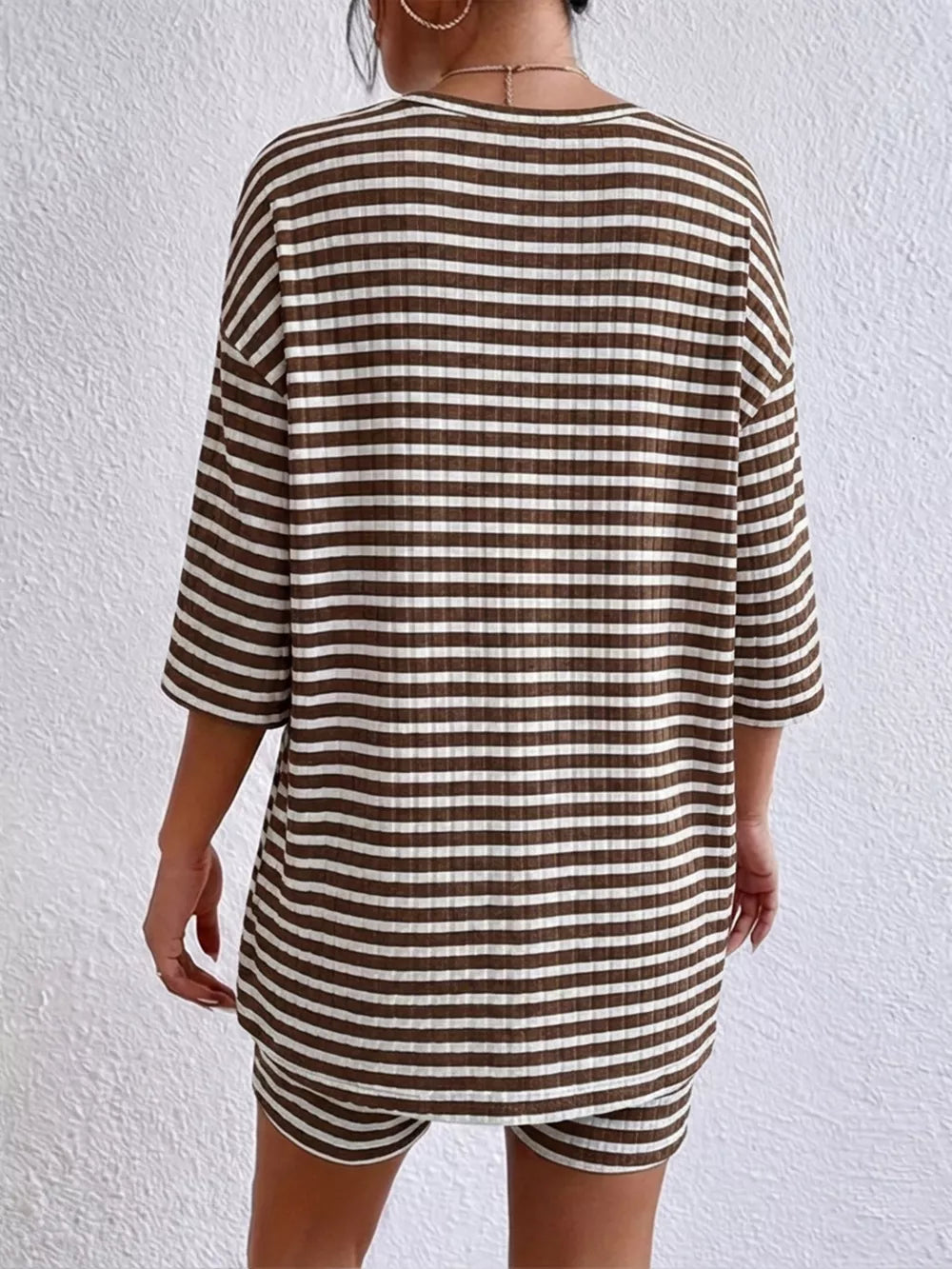 Chic striped two-piece set in Coffee Stripes with elbow sleeves and shorts.