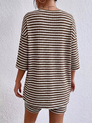 Chic striped two-piece set in Coffee Stripes with elbow sleeves and shorts.