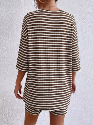Chic striped two-piece set in Coffee Stripes with elbow sleeves and shorts.