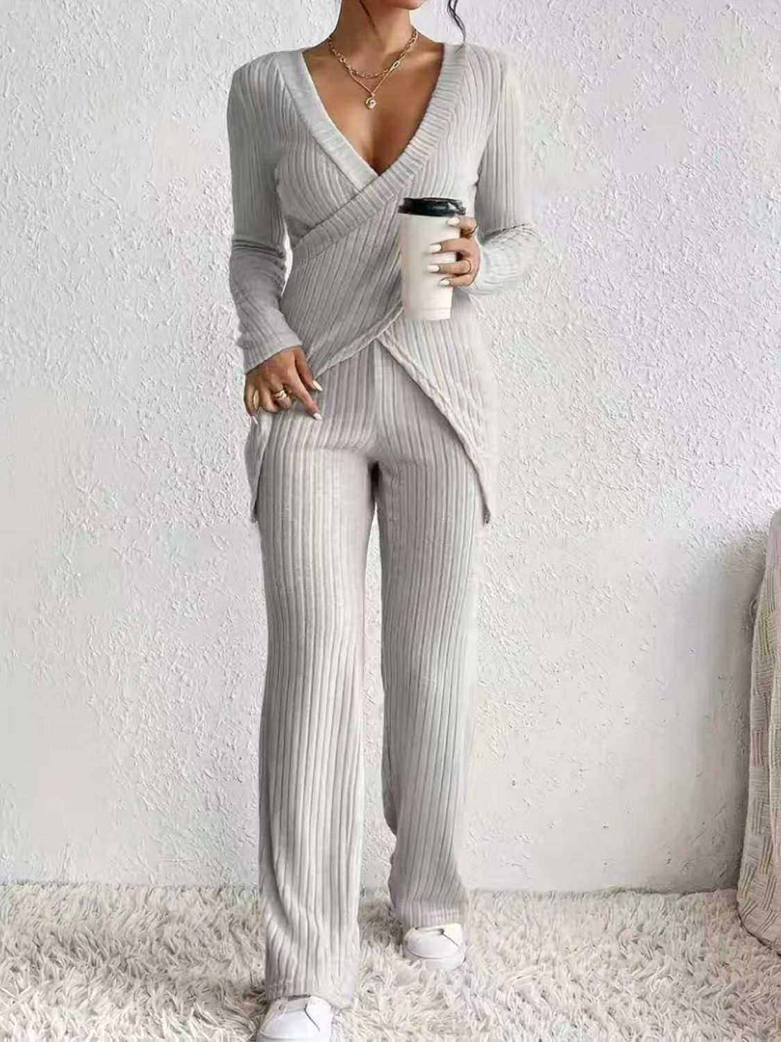 Light Gray ribbed knit crossover lounge set with wide leg pants and V-neck top.