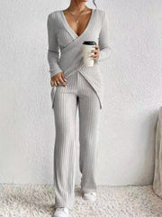 Light Gray ribbed knit crossover lounge set with wide leg pants and V-neck top.