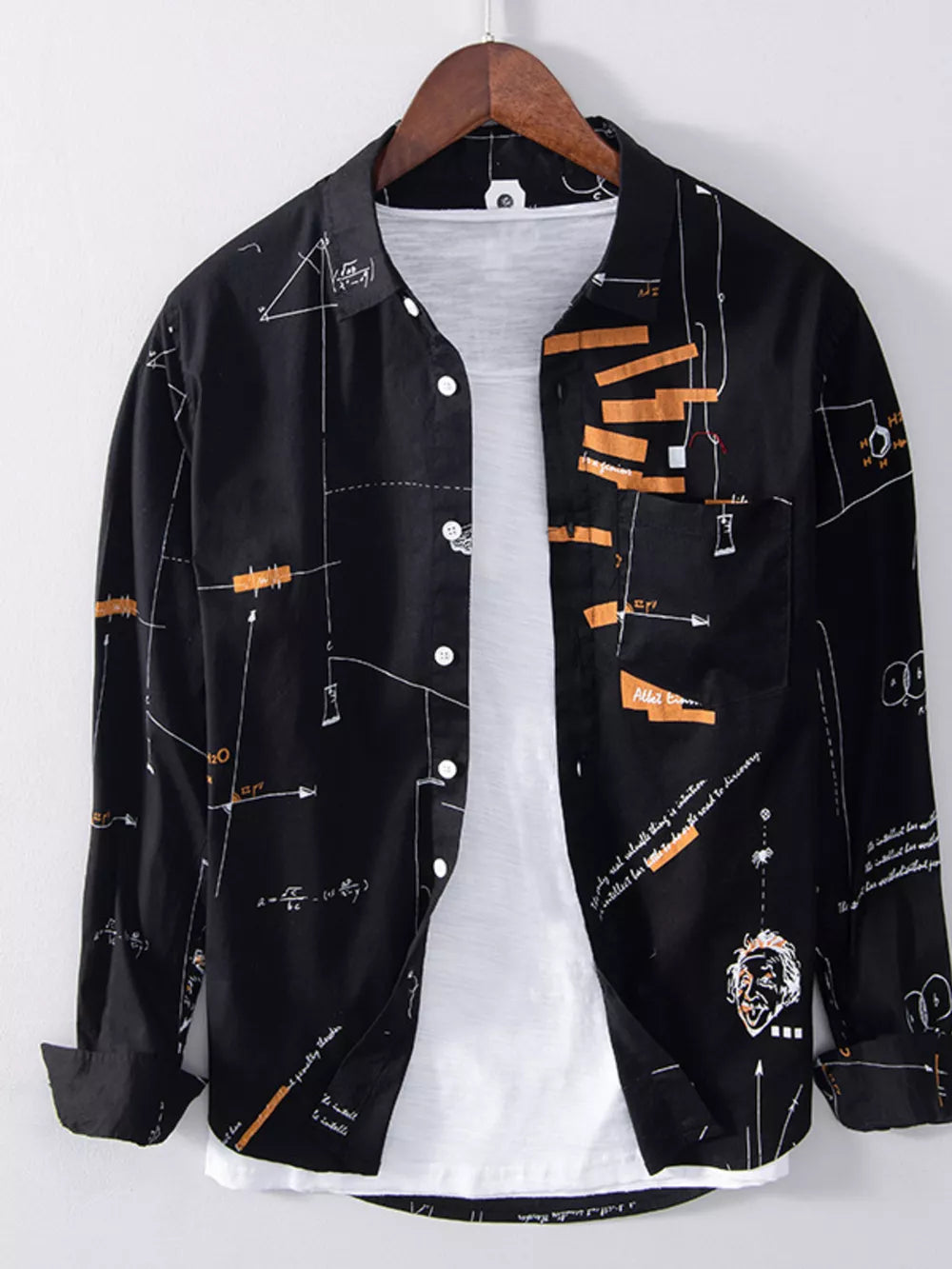 Black cotton blend long sleeve shirt with science print and button-down front.