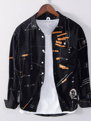 Black cotton blend long sleeve shirt with science print and button-down front.