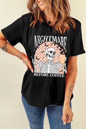 Black t-shirt with skeleton graphic and "Nightmare Before Coffee" text.