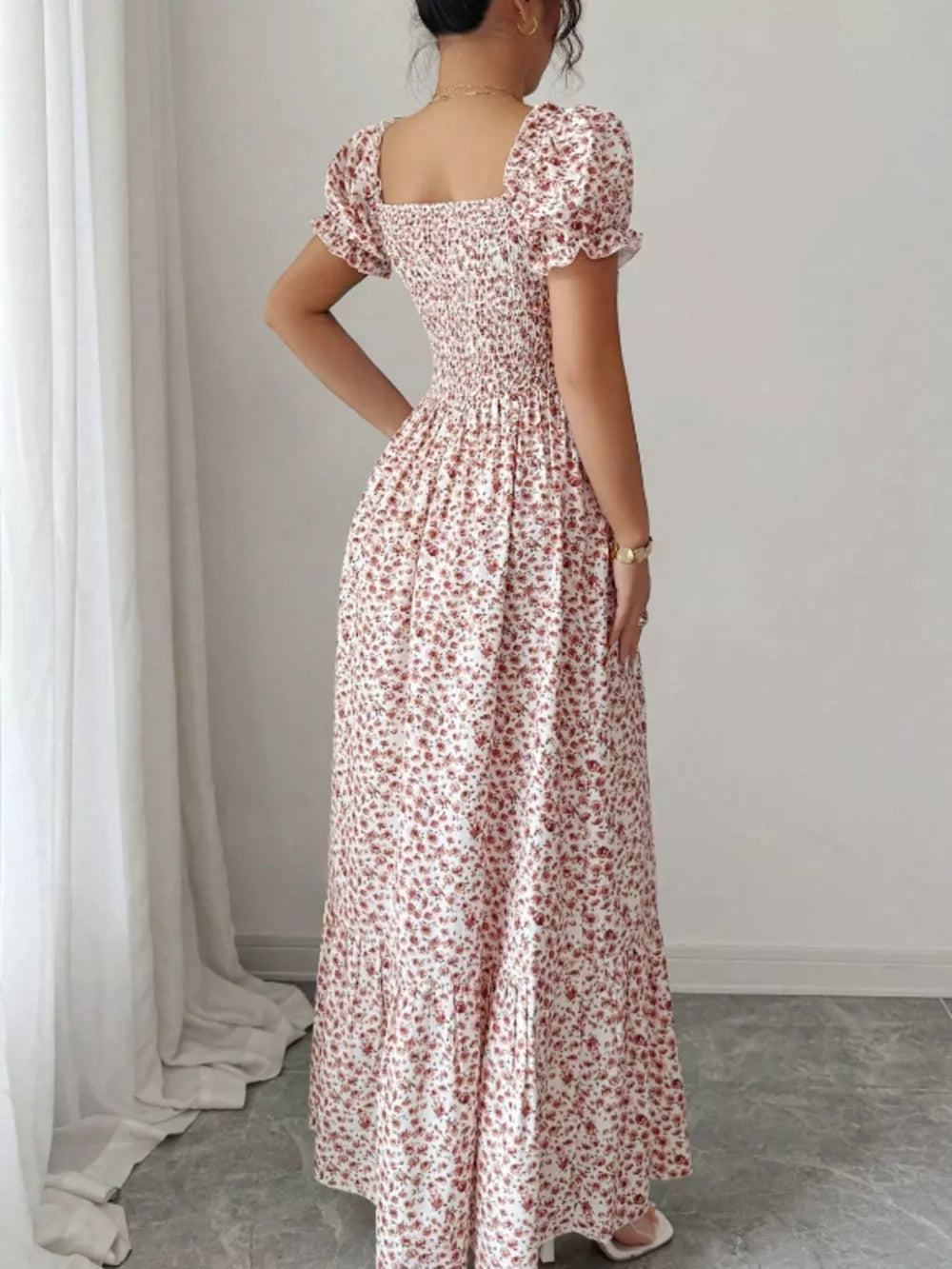 Floral Print Puff Sleeve Maxi Dress in Red, back view