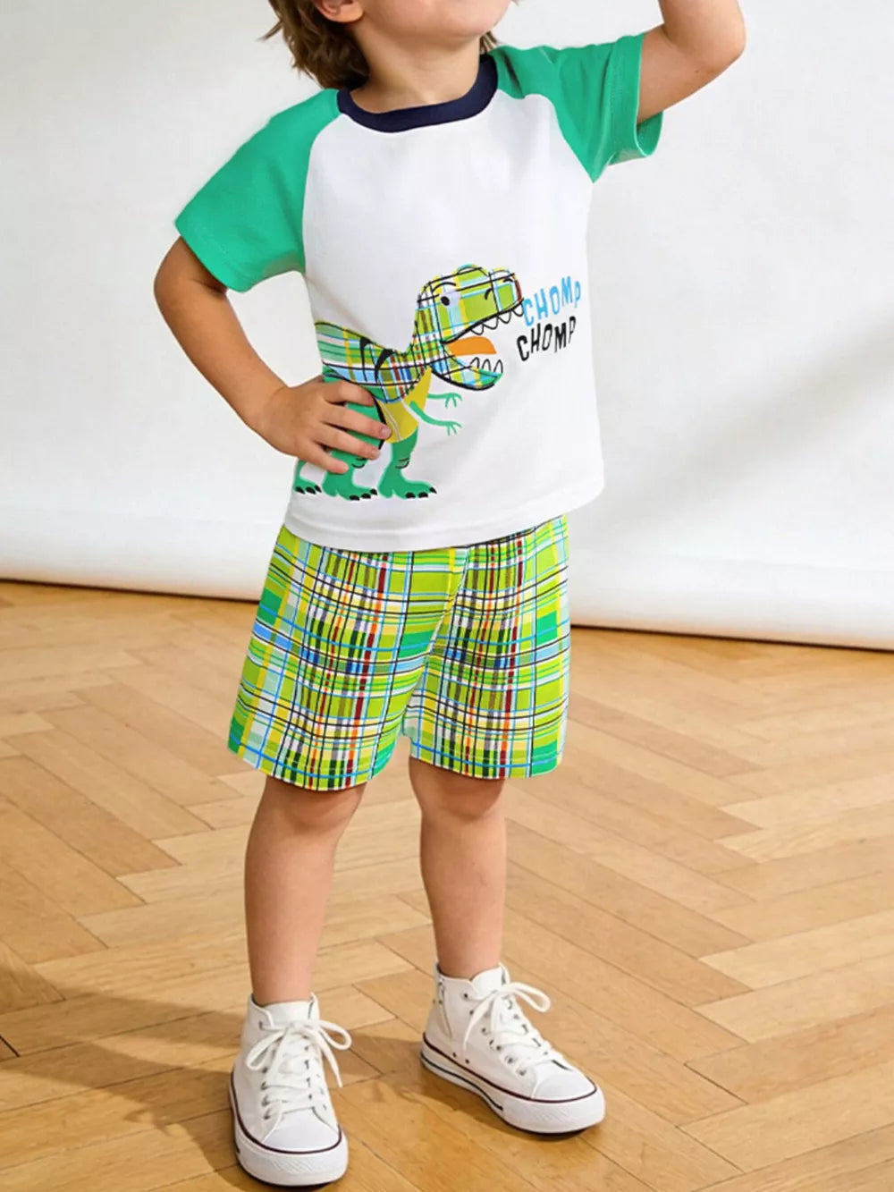 Baby Dino graphic t-shirt and plaid shorts set, cotton, crew neck.