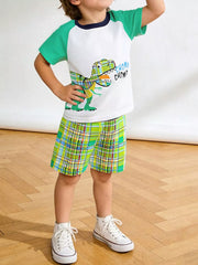 Baby Dino graphic t-shirt and plaid shorts set, cotton, crew neck.