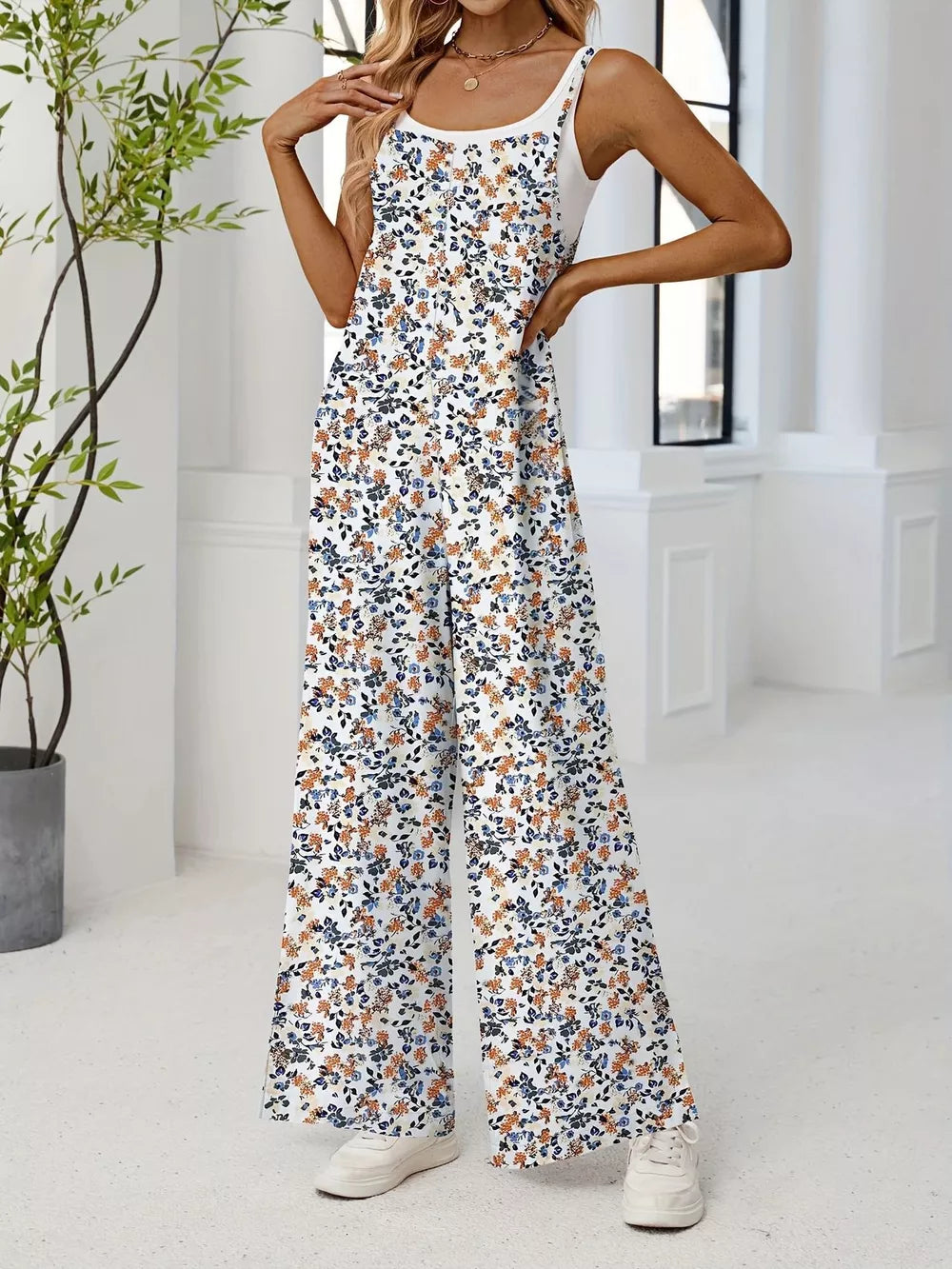 Floral Print Wide Leg Spaghetti Strap Overalls, back view
