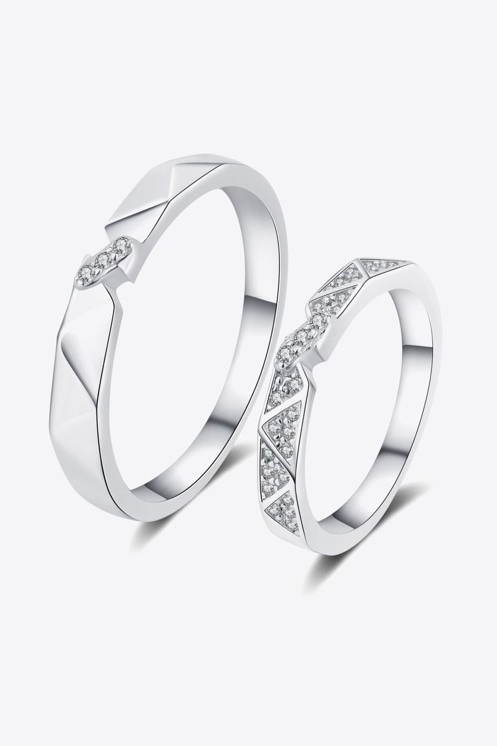 Geometric rhodium pavé ring set with cubic zirconia accents for men and women.