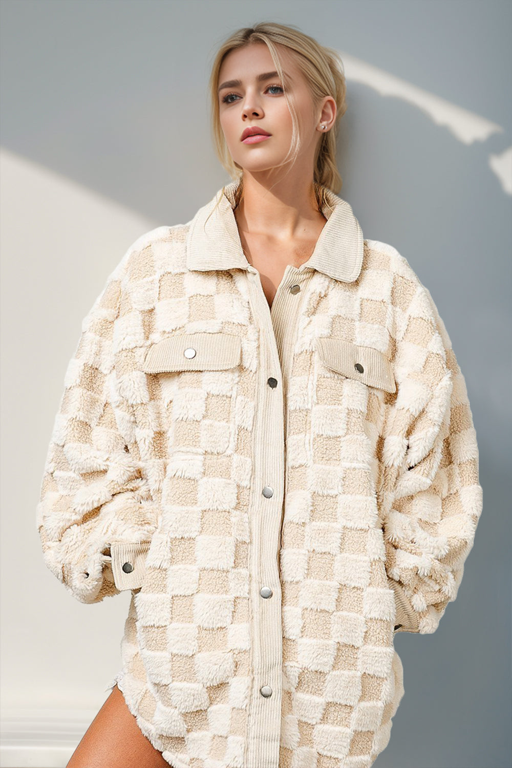 Cream checkered shacket with corduroy trim and buttoned pockets