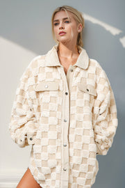 Cream checkered shacket with corduroy trim and buttoned pockets