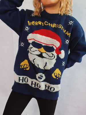 Dark blue knit sweater with a cool Santa graphic, Merry Christmas text, and HO HO HO detail.