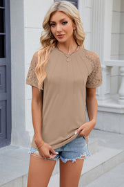 Khaki ribbed tee with lace raglan sleeves and a crew neck.