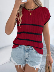 Deep red cable knit sleeveless top with black stripes and crew neck.
