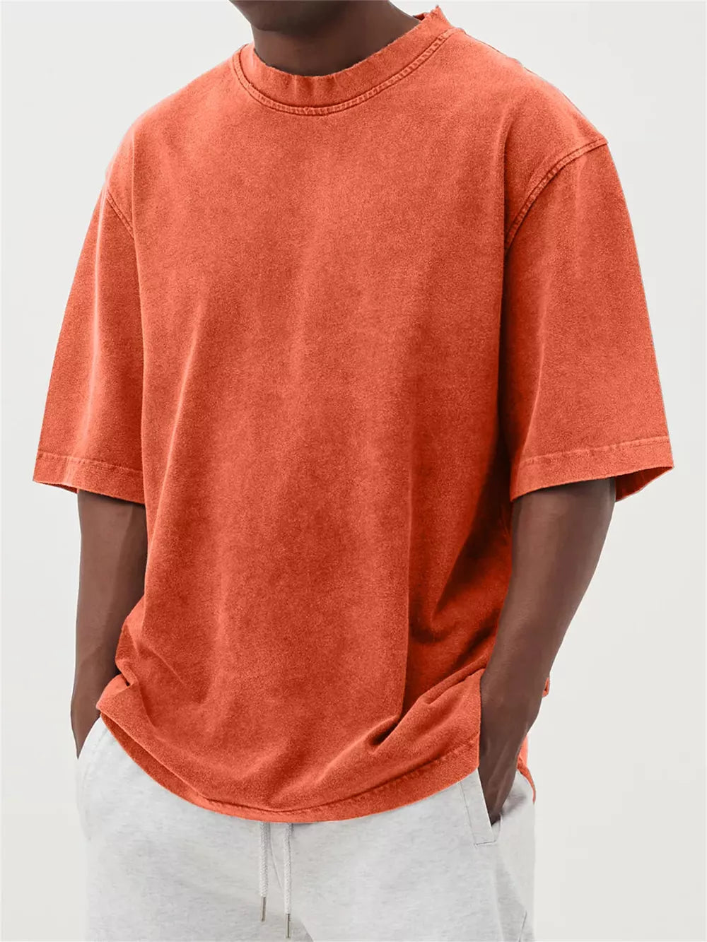 Men's orange red vintage wash oversized crew neck cotton tee