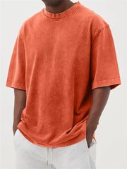 Men's orange red vintage wash oversized crew neck cotton tee