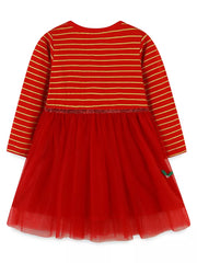 Red tulle dress with gold striped long sleeves and a small embroidered holly detail.