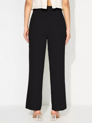 Black maternity pants with relaxed wide legs and tied detail at the waist.