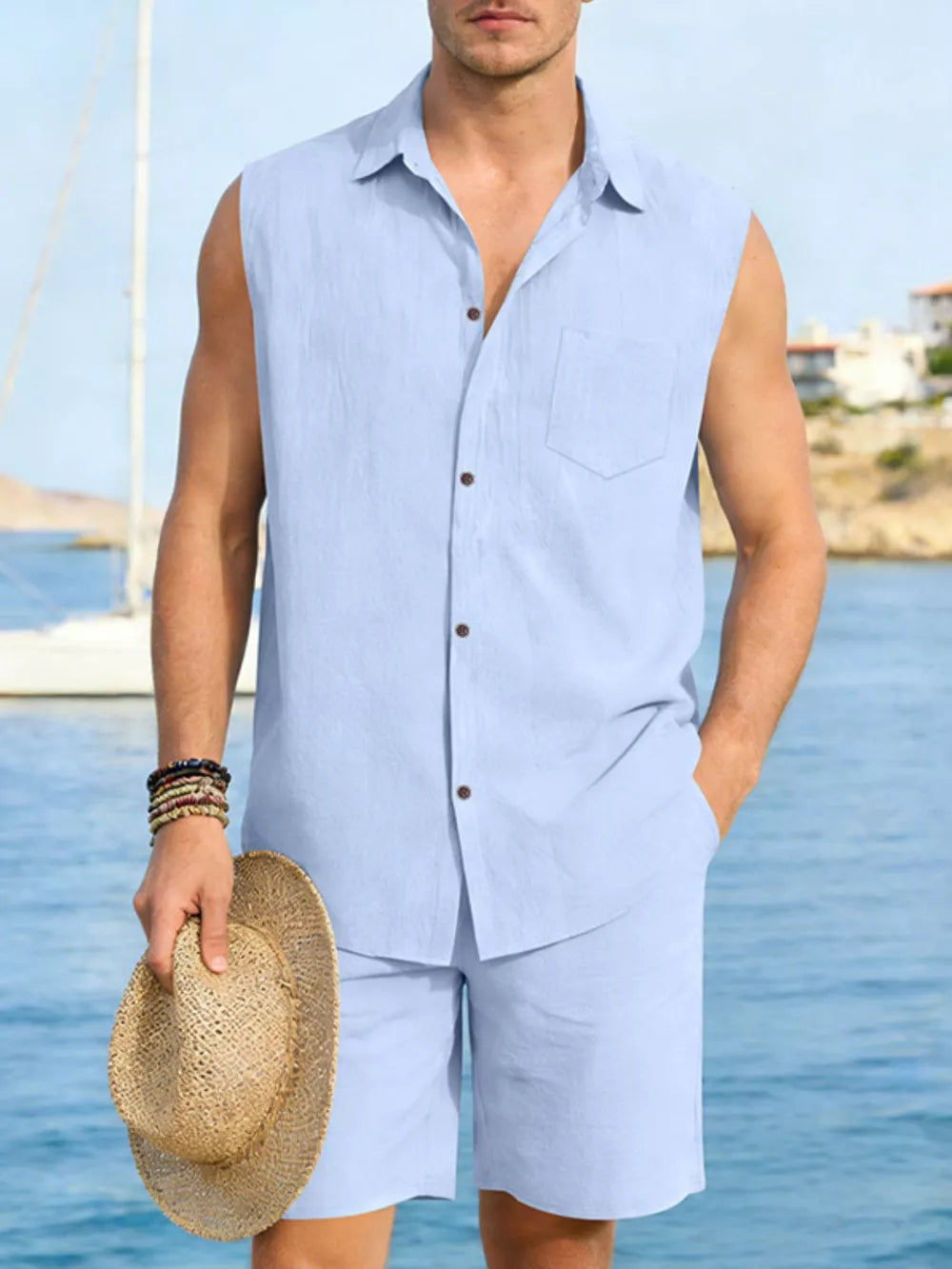 Men's sky blue linen sleeveless shirt and shorts set with pocket detail