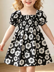 Children's Floral Print Square Neck Puff Sleeve Dress, front view