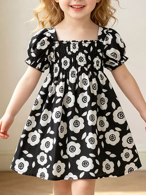 Children's Floral Print Square Neck Puff Sleeve Dress, front view