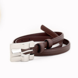 Slim brown cowhide leather belt with silver buckle