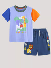 Toddler cotton color block t-shirt and shorts set with safari animals and ROAR embroidery.