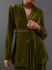 Army green velvet belted blazer and trousers ensemble with a single button closure.