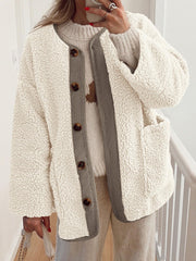 Cream teddy-texture button-up jacket with corduroy trim and pockets