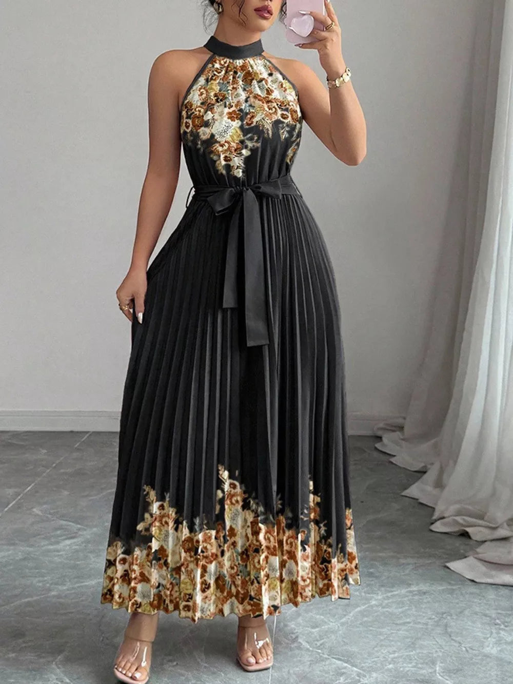 Halter Neck Floral Print Pleated Maxi Dress, editorial view