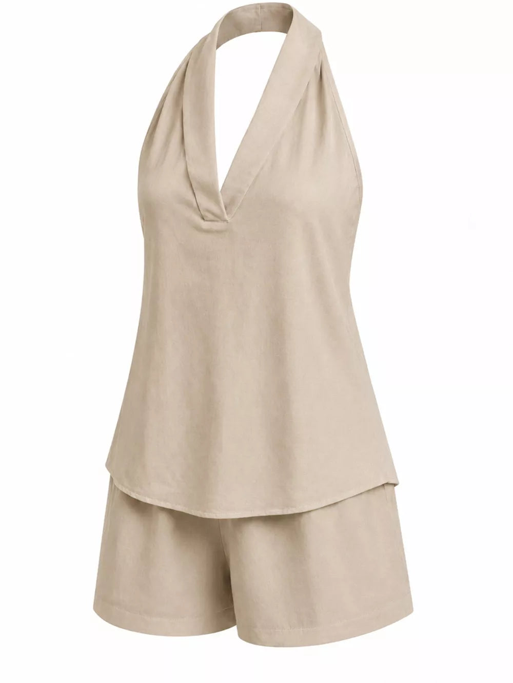 Khaki halter neck two-piece ensemble with V-neck top and shorts