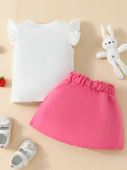 White flutter sleeve top with pink ruffled waist skirt baby set