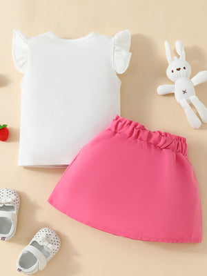 White flutter sleeve top with pink ruffled waist skirt baby set