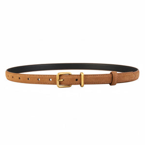 Brown cowhide leather belt with gold buckle and adjustable holes