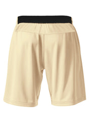 Apricot chino shorts with black elastic waistband and drawstring detail