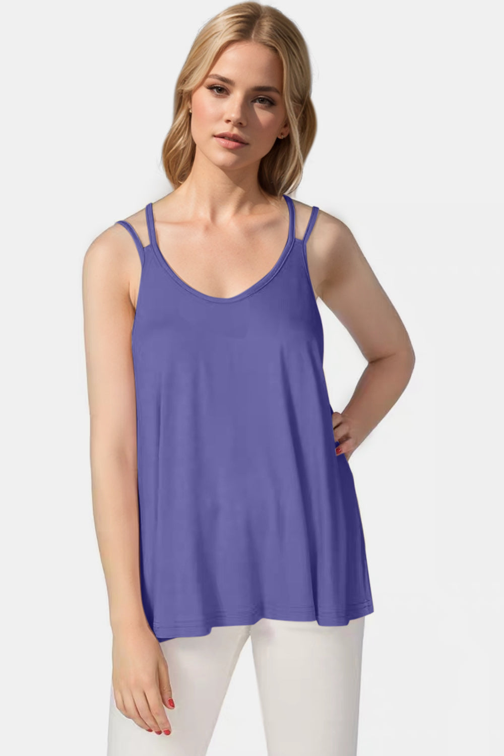 Purple double strap trapeze cami with V-neckline and relaxed fit.