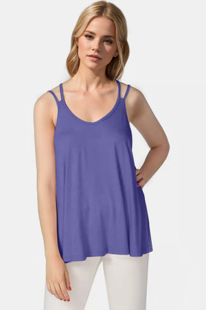 Purple double strap trapeze cami with V-neckline and relaxed fit.