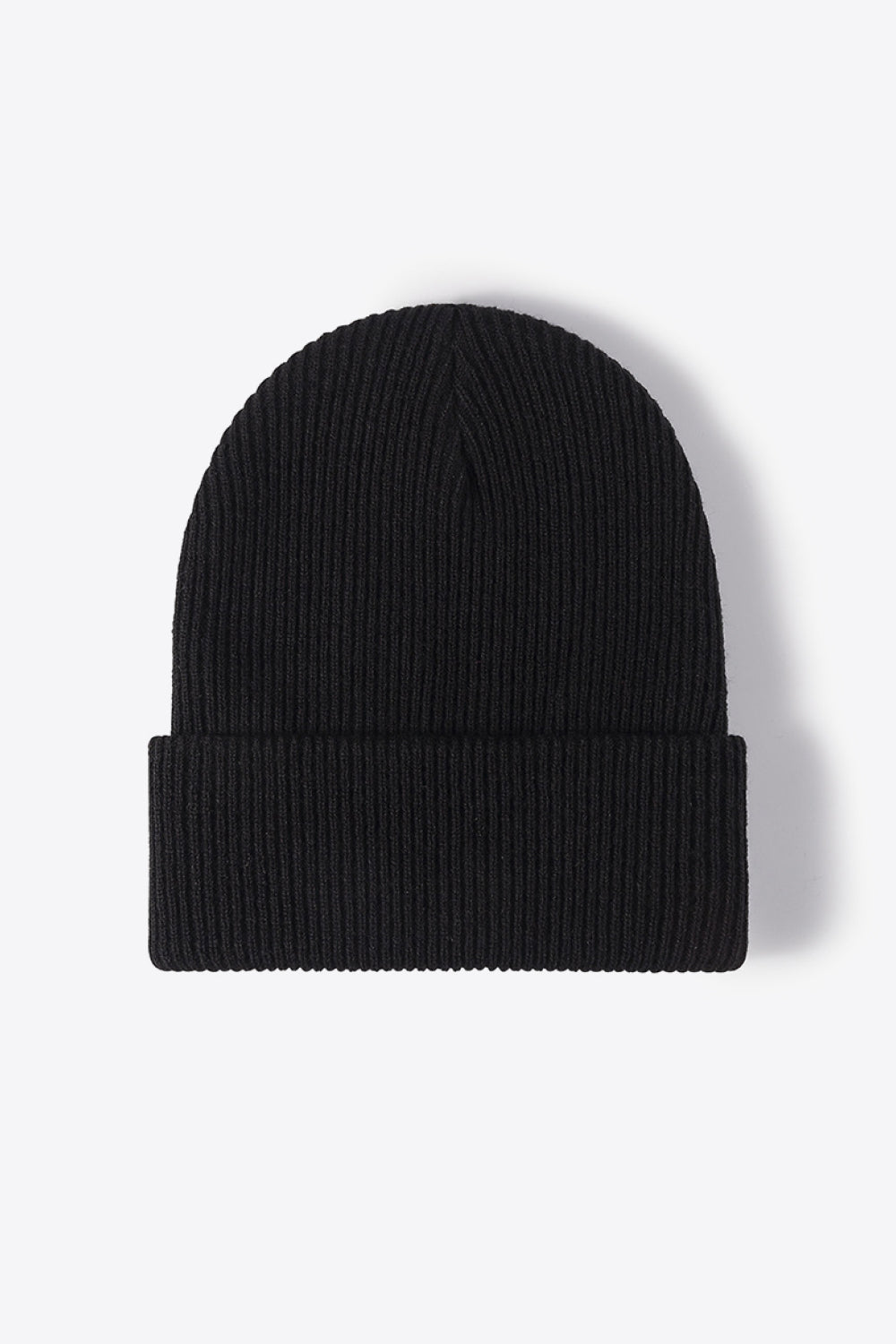 Black ribbed knit beanie with a cuffed hem