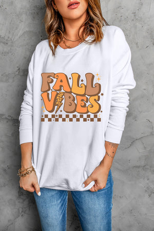 White crewneck sweatshirt with retro Fall Vibes graphic and leopard print lightning bolt.