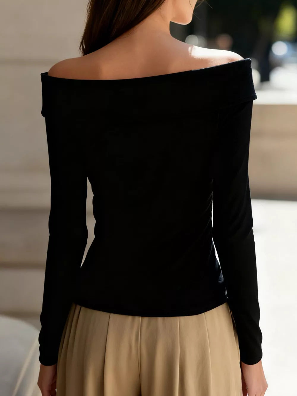 Elegant Off-the-shoulder Blouse With Buttons in White, back view