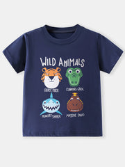 Navy t-shirt with Wild Animals graphic featuring tiger, croc, shark, and dino faces.