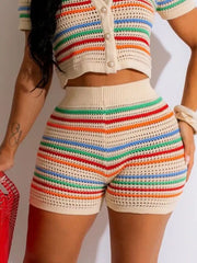 Vibrant Striped Crochet Cardigan And Shorts Ensemble
