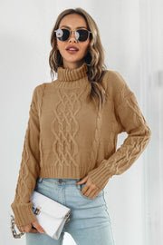 Camel cable knit cropped turtleneck sweater with braided detail and ribbed cuffs.