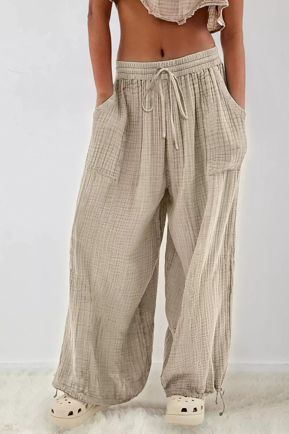 Loose Fit Gauze Pants With Drawstring Waist in Khaki, side view