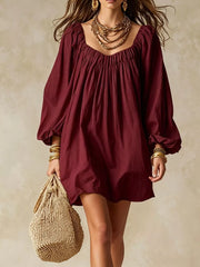 Flowy Balloon Sleeve Mini Dress in Army Green, view 12