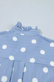 Blue and white striped and polka dot ruffled shirt with button-down detail