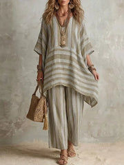 Bohemian Stripe Top And Pants Set in Blue, model styling view