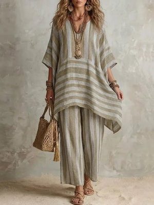 Bohemian Stripe Top And Pants Set in Blue, model styling view